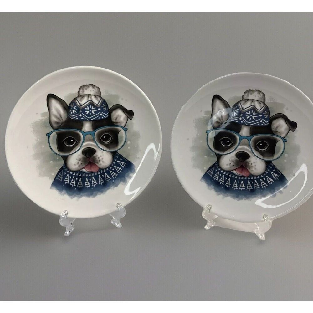 Set Of 2 Smart Winter French Bull Dog 8.75"‎ Ceramic Salad Plate by Kirklands
